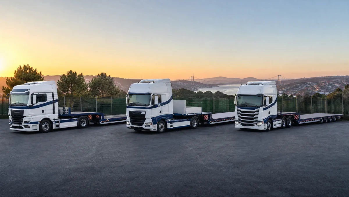 Yazgan Nakliye lowbed filosu: 2, 3 ve 4 akslı lowbed dorseli üç Avrupa tipi çekici gün doğumunda