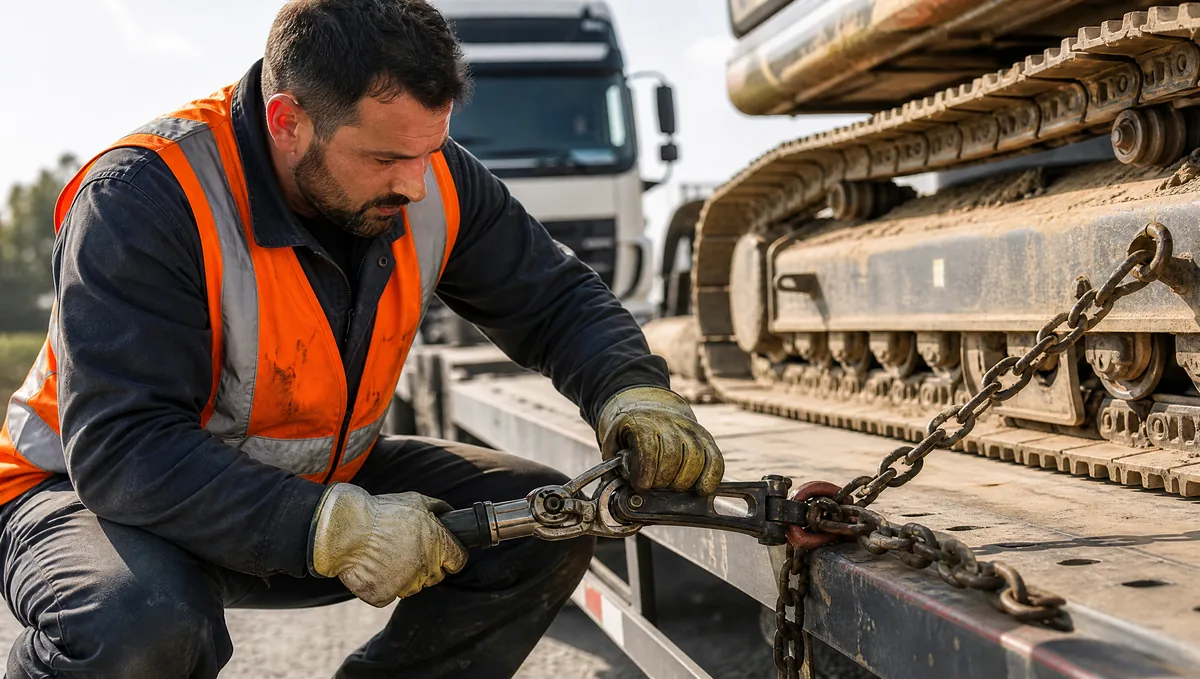 Turuncu yelekli sürücü lowbed üzerindeki ekskavatör paletini zincir gergisiyle sabitliyor
